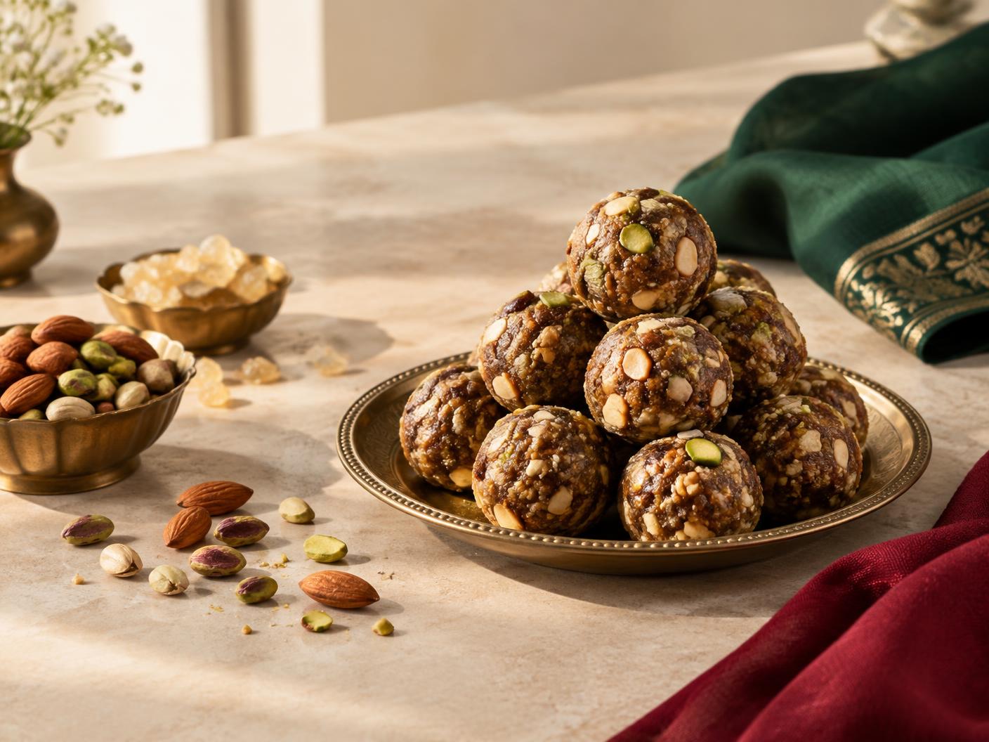 Food Mitra besan laddu box with golden laddus