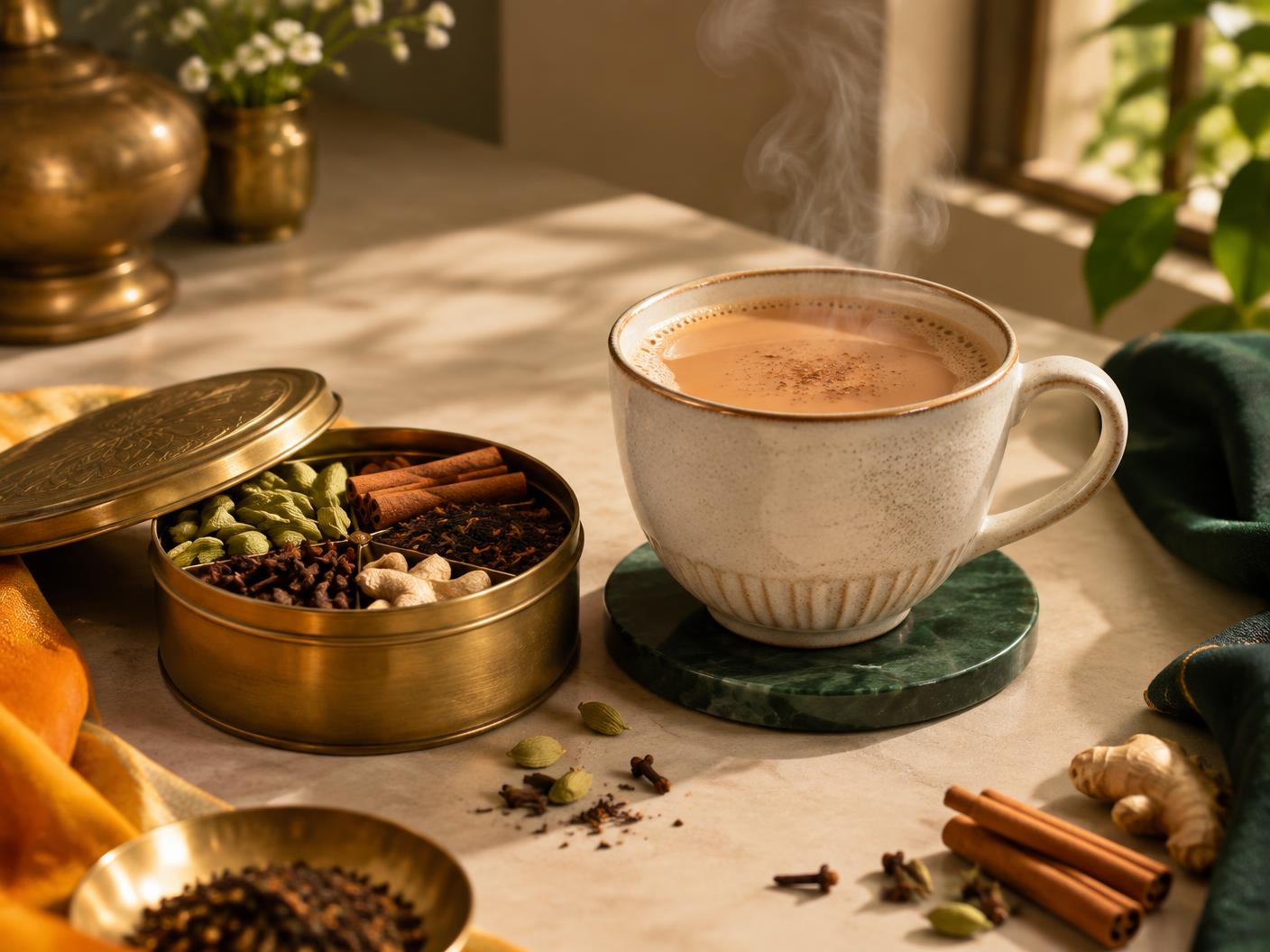 Food Mitra tea masala jar beside tea and cardamom